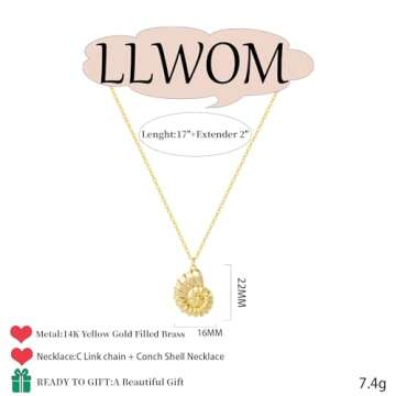 LLWOM Gold Necklace for Women-14K Gold Plated Conch Shell Necklace Gold Shell Seashell Necklace Dainty Simple Jewelry for Women
