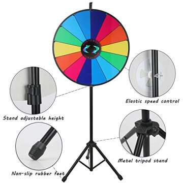 iElyiEsy 24" Prize Wheel with Folding Tripod Floor Stand Height Adjustable 14 Slots Spin Wheel for Prizes with Dry Erase Markers & Eraser for Carnival Trade Show