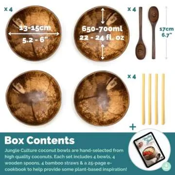 Jungle Culture 4 Polished Coconut Bowl and Wooden Spoons Set with Bamboo Straws • Smoothie Bowls ?...