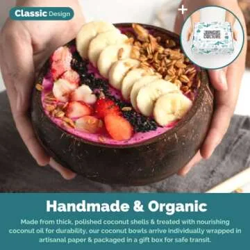 Jungle Culture 4 Polished Coconut Bowl and Wooden Spoons Set with Bamboo Straws • Smoothie Bowls • Healthy Choice Natural Coco Shell Acai & Buddha Bowls • Eco Friendly Vegan Gifts