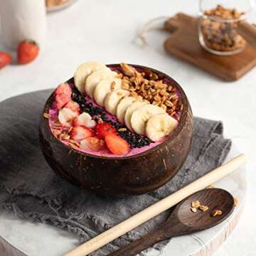 Jungle Culture 4 Polished Coconut Bowl and Wooden Spoons Set with Bamboo Straws • Smoothie Bowls • Healthy Choice Natural Coco Shell Acai & Buddha Bowls • Eco Friendly Vegan Gifts
