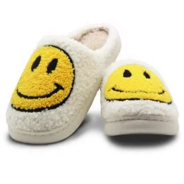 FIWAHI Retro Fuzzy Face Slippers for Women Men, Lightweight Slip-on Soft Fluffy Warm Couple Style Casual Cute Cozy Indoor Outdoor House Memory Foam Happy Face Slippers