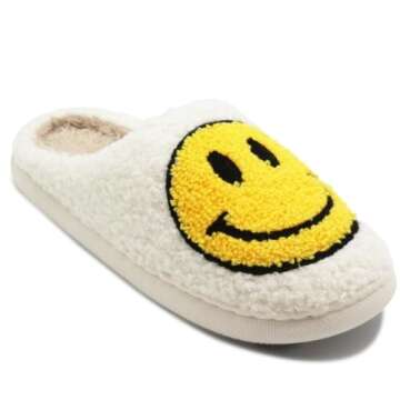 FIWAHI Retro Fuzzy Face Slippers for Women Men, Lightweight Slip-on Soft Fluffy Warm Couple Style Casual Cute Cozy Indoor Outdoor House Memory Foam Happy Face Slippers