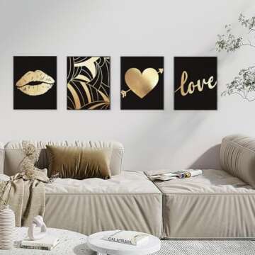 PLKMN Black And Gold Bedroom Decor Set of 4, Black History Month, Sexy Lips Wall Art, Vintage Fashio...