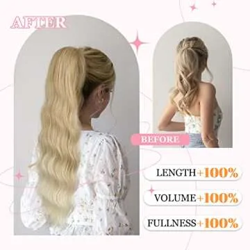 FREEMEIGE Blonde Ponytail Extension Long Wavy Drawstring Ponytail Hair Extension Clip in Ponytail Extension for Women Synthetic Heat Resistant Ponytail Ombre Blonde Pony Tails Hair Extensions