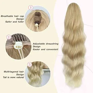 FREEMEIGE Blonde Ponytail Extension Long Wavy Drawstring Ponytail Hair Extension Clip in Ponytail Extension for Women Synthetic Heat Resistant Ponytail Ombre Blonde Pony Tails Hair Extensions