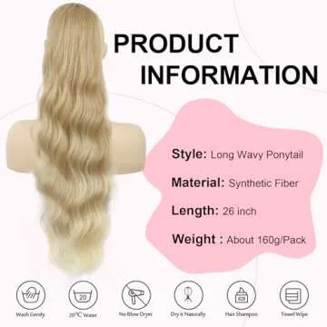 FREEMEIGE Blonde Ponytail Extension Long Wavy Drawstring Ponytail Hair Extension Clip in Ponytail Extension for Women Synthetic Heat Resistant Ponytail Ombre Blonde Pony Tails Hair Extensions
