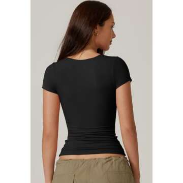 QINSEN T Shirts for Women Round Neck Short Sleeve Basic Tops Double Lined Summer Y2K Crop Tops,Black Large