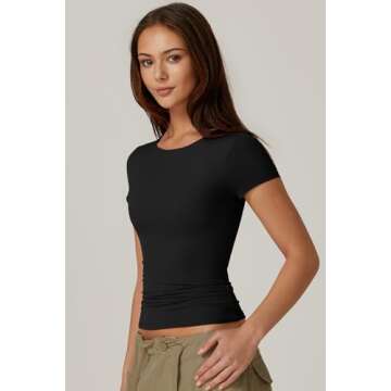 QINSEN T Shirts for Women Round Neck Short Sleeve Basic Tops Double Lined Summer Y2K Crop Tops,Black Large