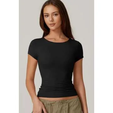 QINSEN T Shirts for Women Round Neck Short Sleeve Basic Tops Double Lined Summer Y2K Crop Tops,Black Large