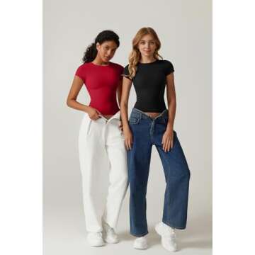 QINSEN T Shirts for Women Round Neck Short Sleeve Basic Tops Double Lined Summer Y2K Crop Tops,Black Large