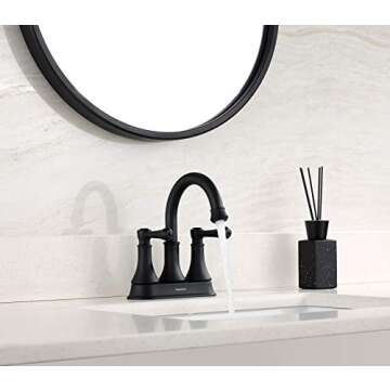 TimeArrow Matte Black 2 Handle Centerset Bathroom Sink Faucet 3 Holes with Drain Assembly, High Arc Modern 4 Inch Bathroom Vanity Lavatory Faucet with Brass 360° Swivel Spout, TAF067Y-MB