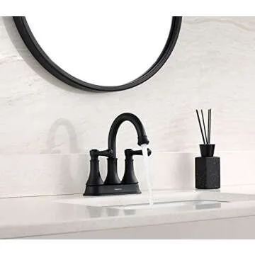 TimeArrow Matte Black 2 Handle Centerset Bathroom Sink Faucet 3 Holes with Drain Assembly, High Arc Modern 4 Inch Bathroom Vanity Lavatory Faucet with Brass 360° Swivel Spout, TAF067Y-MB