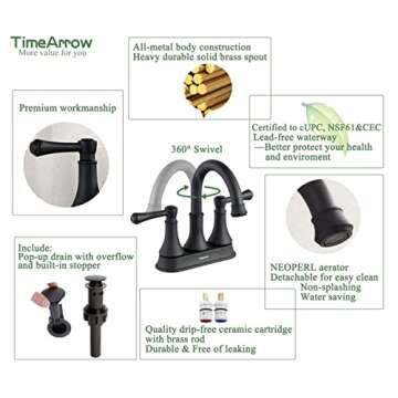 TimeArrow Matte Black 2 Handle Centerset Bathroom Sink Faucet 3 Holes with Drain Assembly, High Arc Modern 4 Inch Bathroom Vanity Lavatory Faucet with Brass 360° Swivel Spout, TAF067Y-MB