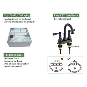 TimeArrow Matte Black 2 Handle Centerset Bathroom Sink Faucet 3 Holes with Drain Assembly, High Arc Modern 4 Inch Bathroom Vanity Lavatory Faucet with Brass 360° Swivel Spout, TAF067Y-MB