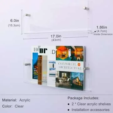 XOHYW 2 Pack Clear Acrylic Magazine Holder, Wall Mount Hanging Bookshelf Literature Storage Rack, Brochure File Display Shelf for Waiting Room, Living Room, Office, Home