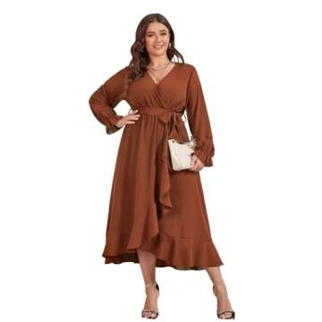 SCOMCHIC Women Plus Size Wedding Guest Maxi Dress Long Sleeve Wrap V Neck High Low Split Ruffle Cock...