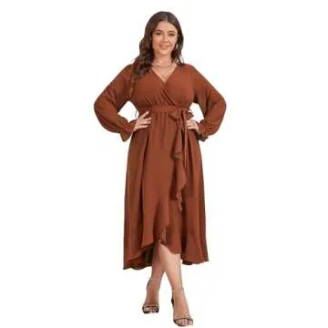 SCOMCHIC Women Plus Size Wedding Guest Maxi Dress Long Sleeve Wrap V Neck High Low Split Ruffle Cocktail Dress with Belt Rust