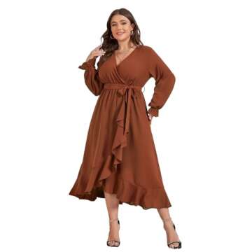 SCOMCHIC Women Plus Size Wedding Guest Maxi Dress Long Sleeve Wrap V Neck High Low Split Ruffle Cocktail Dress with Belt Rust