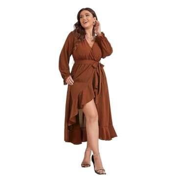 SCOMCHIC Women Plus Size Wedding Guest Maxi Dress Long Sleeve Wrap V Neck High Low Split Ruffle Cocktail Dress with Belt Rust