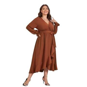 SCOMCHIC Women Plus Size Wedding Guest Maxi Dress Long Sleeve Wrap V Neck High Low Split Ruffle Cocktail Dress with Belt Rust