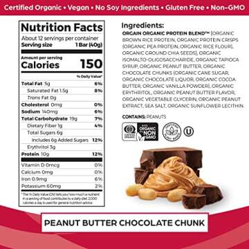 Orgain Organic Vegan Protein Bars, Peanut Butter Chocolate Chunk - 10g Plant Based Protein, Low Calo...