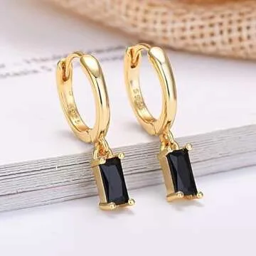 Small Gold Hoop Earrings With Black Drop, Gold Huggie Hoop Earrings For Women 14K Gold Hoops Hypoall...