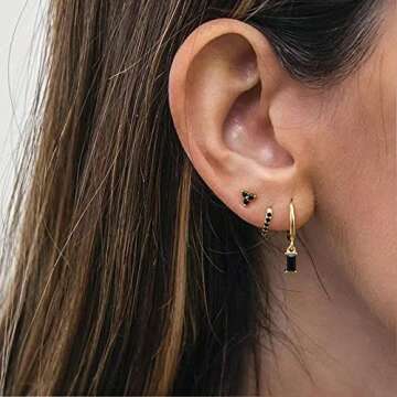 Small Gold Hoop Earrings With Black Drop, Gold Huggie Hoop Earrings For Women 14K Gold Hoops Hypoallergenic Jewelry For Men 2PCS