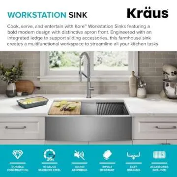 KRAUS Kore Workstation 30-inch Farmhouse Flat Apron Front 16 Gauge Single Bowl Stainless Steel Kitchen Sink with Integrated Ledge and Accessories (Pack of 5), KWF410-30