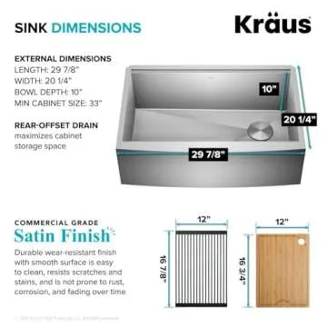 KRAUS Kore Workstation 30-inch Farmhouse Flat Apron Front 16 Gauge Single Bowl Stainless Steel Kitchen Sink with Integrated Ledge and Accessories (Pack of 5), KWF410-30