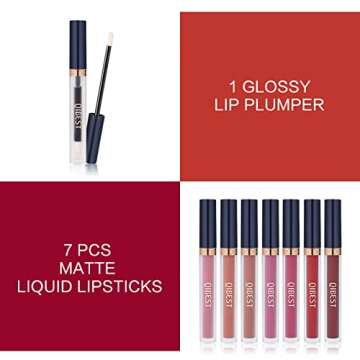 QiBest 7Pcs Matte Liquid Lipstick + 1Pcs Lip Plumper Makeup Set Kit, Pigmented Long Lasting Lip Glos...
