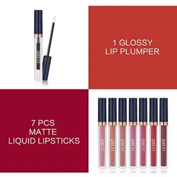 QiBest 7Pcs Matte Liquid Lipstick + 1Pcs Lip Plumper Makeup Set Kit, Pigmented Long Lasting Lip Glos...