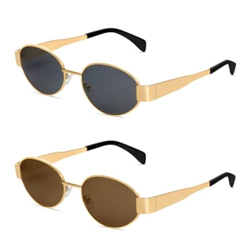 BUTABY Retro Oval Sunglasses for Women Men Designer Trendy Sun Glasses Classic Shades UV400 Protection Gold Grey& Gold Brown