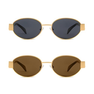 BUTABY Retro Oval Sunglasses for Women Men Designer Trendy Sun Glasses Classic Shades UV400 Protection Gold Grey& Gold Brown