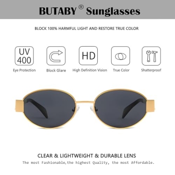 BUTABY Retro Oval Sunglasses for Women Men Designer Trendy Sun Glasses Classic Shades UV400 Protection Gold Grey& Gold Brown