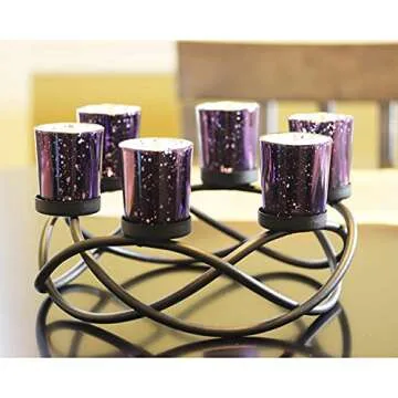 Seraphic Iron Round Table Decor Centerpiece Decorations Candle Holder for Weddings, Outdoor Patio, Kitchen, Dining Room, and Coffee Tables, Glass Votive Tealight Holders, Black, 6 Purple Cups