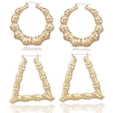 Goldtone 3.25 Inch Bamboo Style Hoop Earrings and a Triangle Bamboo 3.5 Inch Hoop (E-788 + E-799)