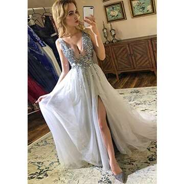 Glamorous Evening Dresses 2021 Deep V Neck A Line Beaded Bodice with Slit Tulle Prom Grey-US8