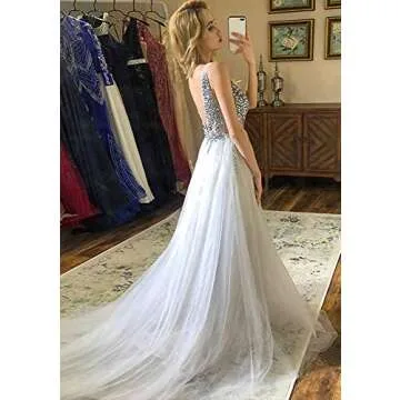 Glamorous Evening Dresses 2021 Deep V Neck A Line Beaded Bodice with Slit Tulle Prom Grey-US8