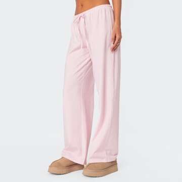 Mxiqqpltky Women Y2K Striped Pants Casual Drawstring High Waist Loose Pajama Pants Bottoms Summer Lounge Soft Wide Leg Pants (US, Alpha, Small, Regular, Regular, Pink)