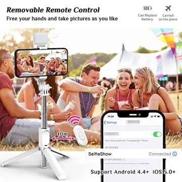 Selfie Stick with Fill Light, All in One Portable Selfie Stick Tripod Phone Holder with Detachable Wireless Remote, Compatible with iPhone 15/14/13/12/11, Android, (No Vertical Shot)