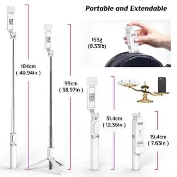 Selfie Stick with Fill Light, All in One Portable Selfie Stick Tripod Phone Holder with Detachable Wireless Remote, Compatible with iPhone 15/14/13/12/11, Android, (No Vertical Shot)