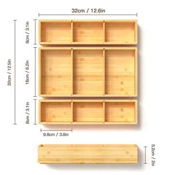 Bamboo Drawer Organizer 12.5'' X 12.5'' X 2'', Adjustable 3 Individual Junk Drawer organizer for Bat...