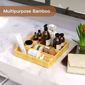 Bamboo Drawer Organizer 12.5'' X 12.5'' X 2'', Adjustable 3 Individual Junk Drawer organizer for Bathroom and Kitchen, Wood Drawer Organier Boxes for Jewellery, Make up and Tea Bag