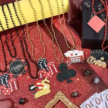 Shknldzsm 36 Pcs Casino Night Beaded Necklaces 12 Styles Dice Poker Dollar Sign Necklaces Casino Theme Gold Red Black Necklaces Jewelry Accessories for Casino Party Favors