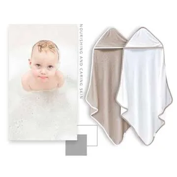 BAMBOO QUEEN 2 Pack Baby Bath Towel - Rayon Made from Bamboo, Ultra Soft Hooded Towels for Kids - X Large Size for 0-7 Yrs (White and Brown, 37.5 x 37.5 Inch)