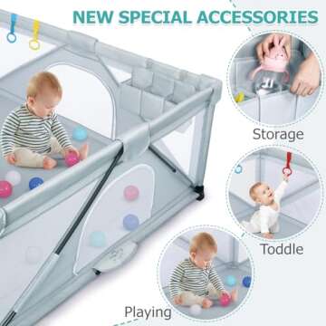 OCATO Baby Playpen: Foldable Playpen for Babies and Toddlers Large Play Pen Portable Playpen Fence Indoor Outdoor Kids Safety Area Travel Play Yard with 2 Storage Bags 4 Handlers 50 Balls (59" × 59")