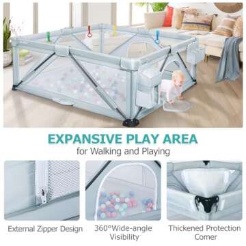 OCATO Baby Playpen: Foldable Playpen for Babies and Toddlers Large Play Pen Portable Playpen Fence Indoor Outdoor Kids Safety Area Travel Play Yard with 2 Storage Bags 4 Handlers 50 Balls (59" × 59")