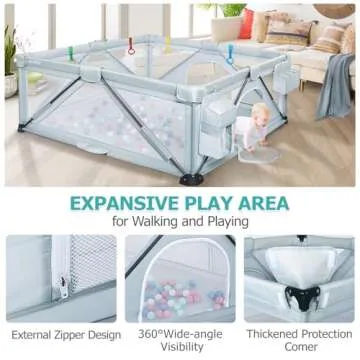 OCATO Baby Playpen: Foldable Playpen for Babies and Toddlers Large Play Pen Portable Playpen Fence Indoor Outdoor Kids Safety Area Travel Play Yard with 2 Storage Bags 4 Handlers 50 Balls (59" × 59")