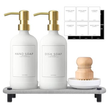 NEECZS Kitchen Soap Dispenser Set with Instant Dry Tray,16 Oz Hand and Dish Soap White Glass Dispens...
